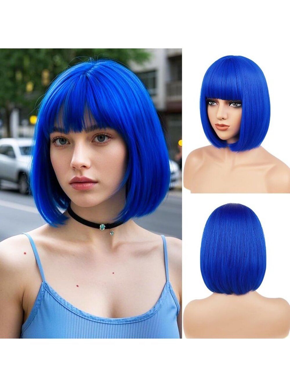 Women Royal Blue Heat Resistant Synthetic Bob Party Neon Wig Bangs 12 Inch